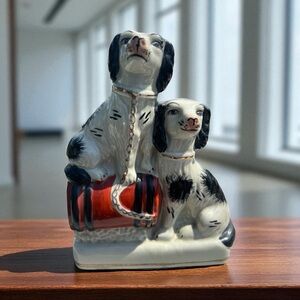 Antique Staffordshire Spaniels Dogs PupBarrel Black White Gold Chain Early 1900s